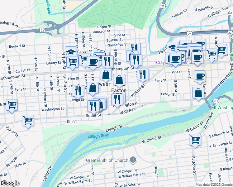 map of restaurants, bars, coffee shops, grocery stores, and more near 147 South 9th Street in Easton