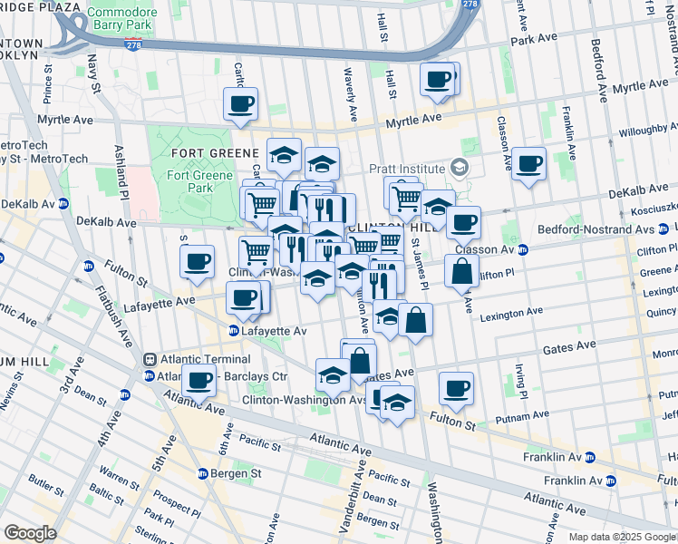 map of restaurants, bars, coffee shops, grocery stores, and more near 356 Clinton Avenue in Brooklyn