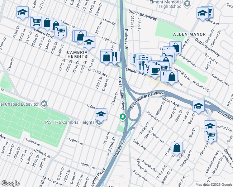 map of restaurants, bars, coffee shops, grocery stores, and more near 119-04 236th Street in Queens