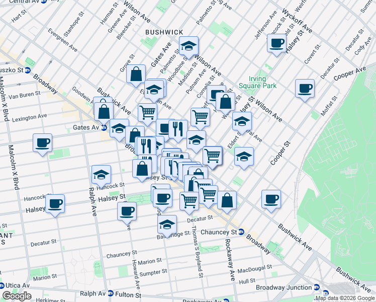 map of restaurants, bars, coffee shops, grocery stores, and more near 1024 Hancock Street in Brooklyn