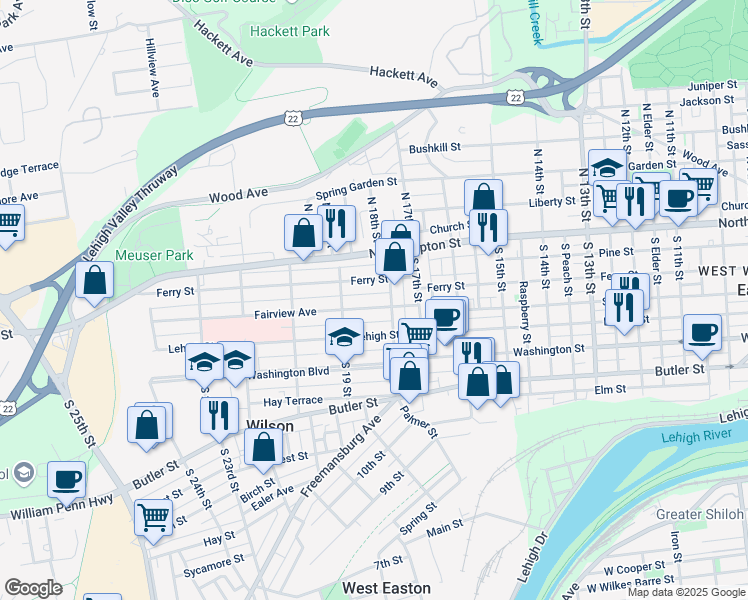 map of restaurants, bars, coffee shops, grocery stores, and more near 1810 Fairview Avenue in Easton