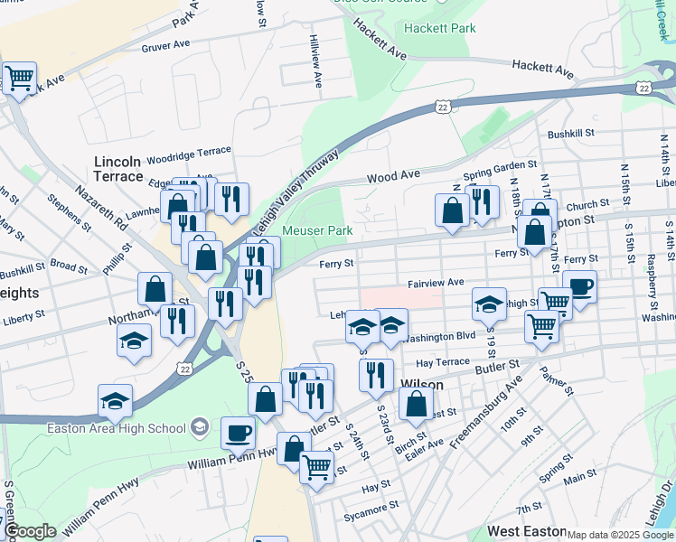 map of restaurants, bars, coffee shops, grocery stores, and more near 2237 Fairview Avenue in Easton