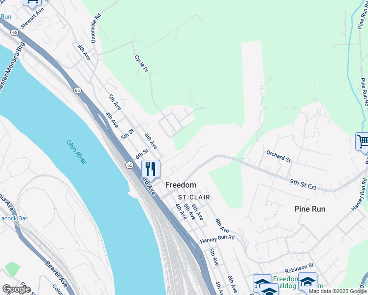 map of restaurants, bars, coffee shops, grocery stores, and more near 740 7th Street in Freedom