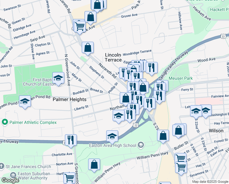 map of restaurants, bars, coffee shops, grocery stores, and more near 2585 Liberty Street in Easton