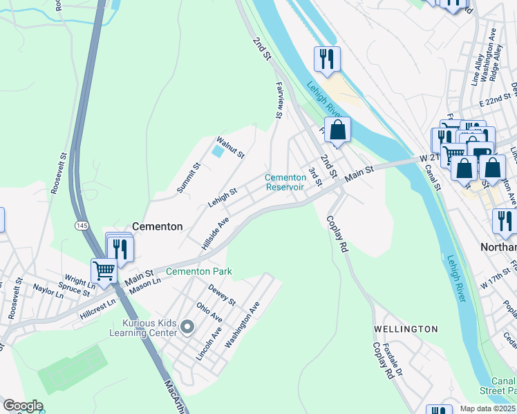 map of restaurants, bars, coffee shops, grocery stores, and more near 5426 Hillside Avenue in Cementon