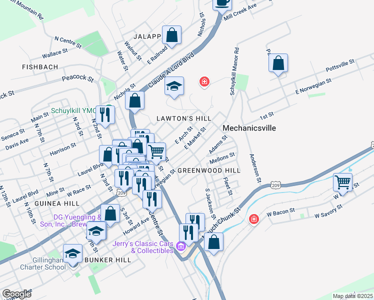 map of restaurants, bars, coffee shops, grocery stores, and more near 449 East Market Street in Pottsville