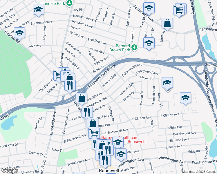map of restaurants, bars, coffee shops, grocery stores, and more near 115 East Pennywood Avenue in Roosevelt