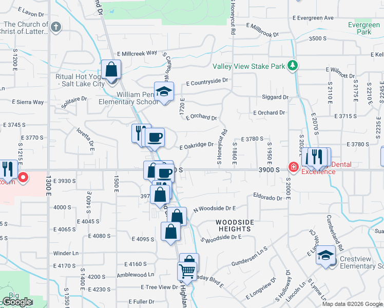 map of restaurants, bars, coffee shops, grocery stores, and more near 1801 East 3900 South in Salt Lake City