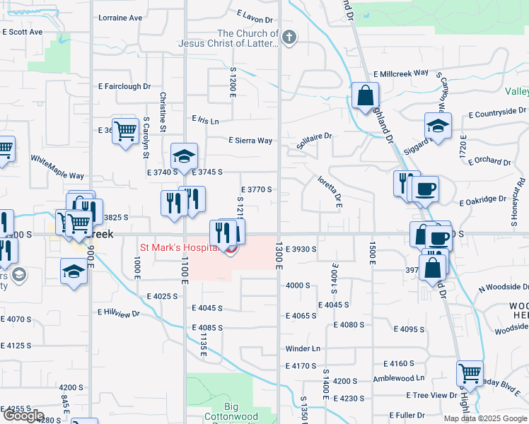 map of restaurants, bars, coffee shops, grocery stores, and more near 1255 East 3900 South in Millcreek