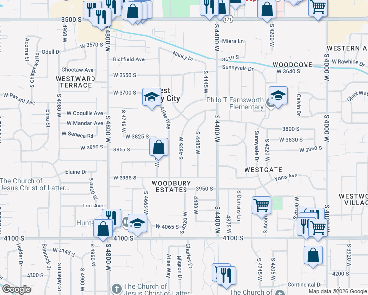 map of restaurants, bars, coffee shops, grocery stores, and more near 3879 South 4535 West in West Valley City