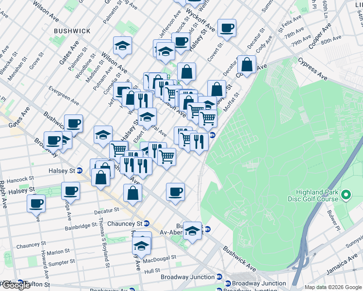 map of restaurants, bars, coffee shops, grocery stores, and more near 133 Cooper Street in Brooklyn