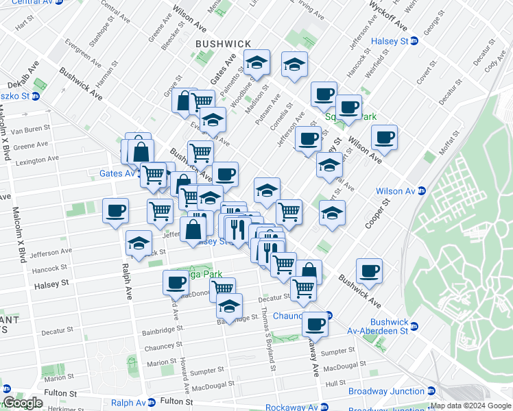 map of restaurants, bars, coffee shops, grocery stores, and more near 1024 Hancock Street in Brooklyn