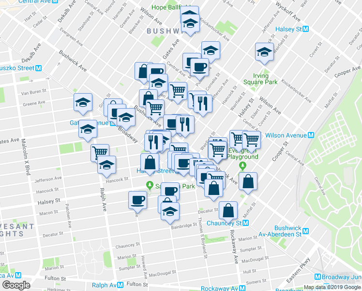 map of restaurants, bars, coffee shops, grocery stores, and more near 1024 Hancock Street in Brooklyn