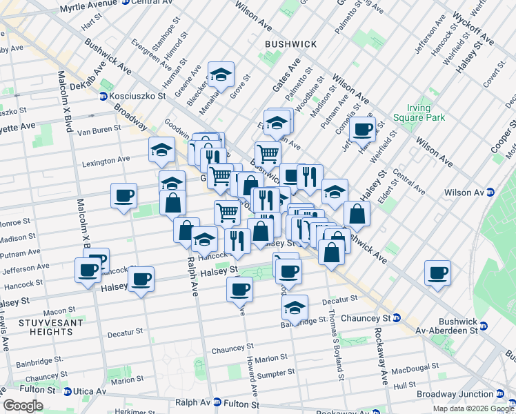 map of restaurants, bars, coffee shops, grocery stores, and more near in Brooklyn
