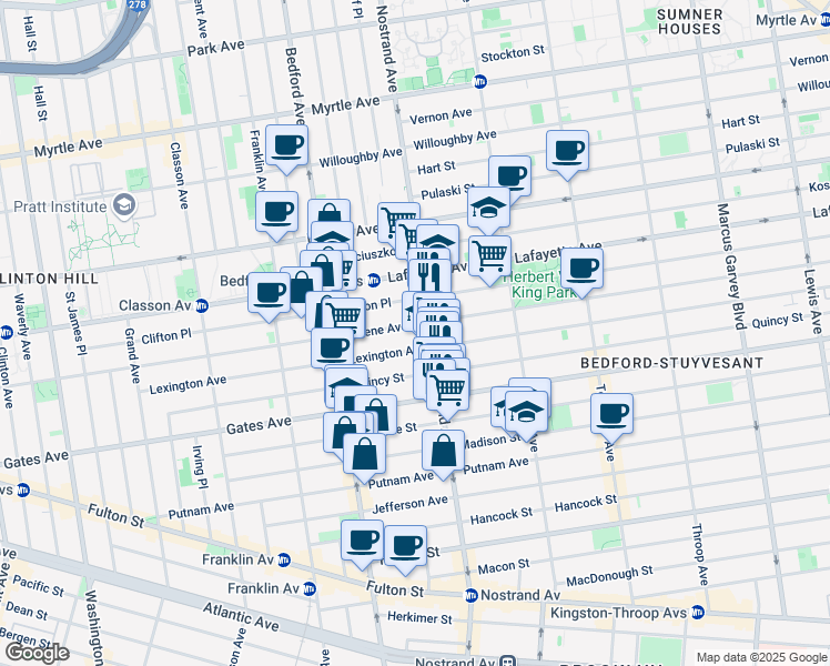 map of restaurants, bars, coffee shops, grocery stores, and more near 260 Lexington Avenue in Brooklyn