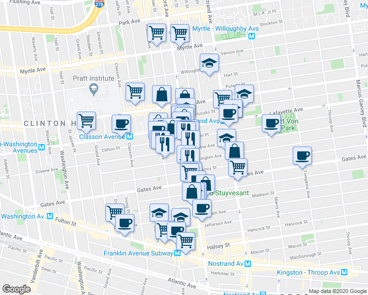 map of restaurants, bars, coffee shops, grocery stores, and more near 1065 Bedford Avenue in Brooklyn