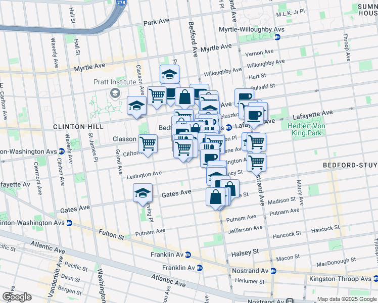 map of restaurants, bars, coffee shops, grocery stores, and more near 159 Lexington Avenue in Brooklyn