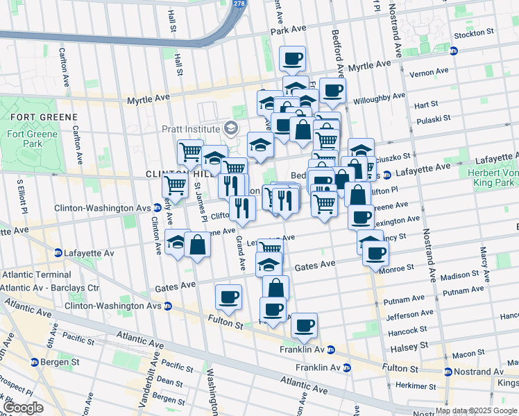 map of restaurants, bars, coffee shops, grocery stores, and more near 281 Greene Avenue in Brooklyn
