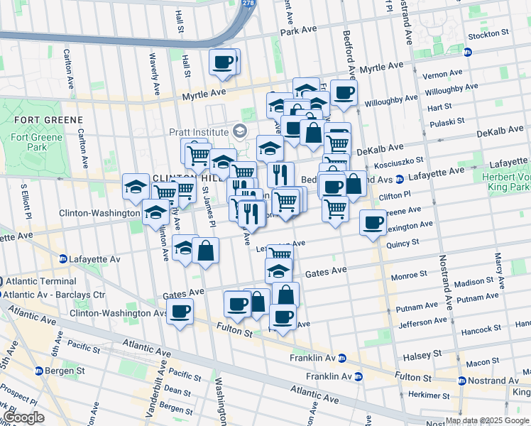 map of restaurants, bars, coffee shops, grocery stores, and more near 247 Greene Avenue in Brooklyn