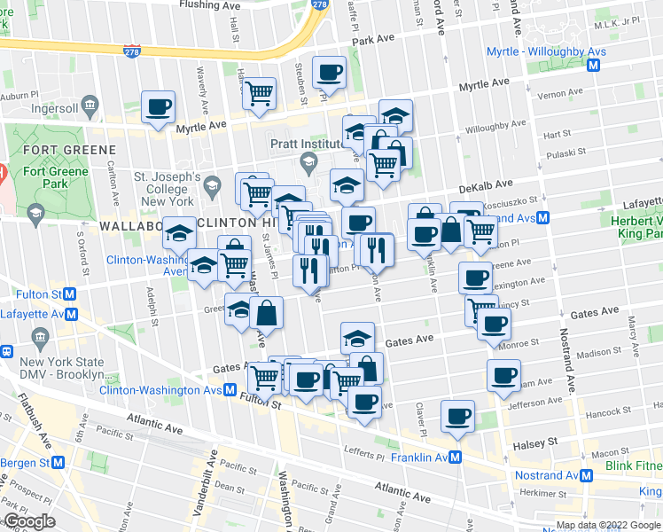 map of restaurants, bars, coffee shops, grocery stores, and more near 247 Greene Avenue in Brooklyn