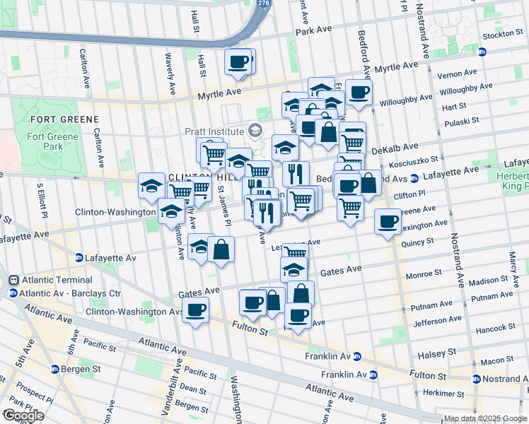 map of restaurants, bars, coffee shops, grocery stores, and more near 247 Greene Avenue in Brooklyn