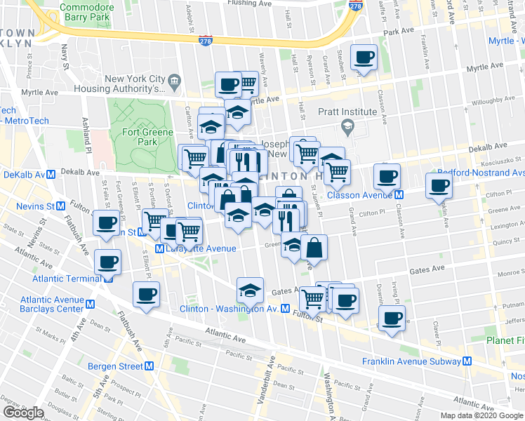 map of restaurants, bars, coffee shops, grocery stores, and more near 356 Clinton Avenue in Brooklyn