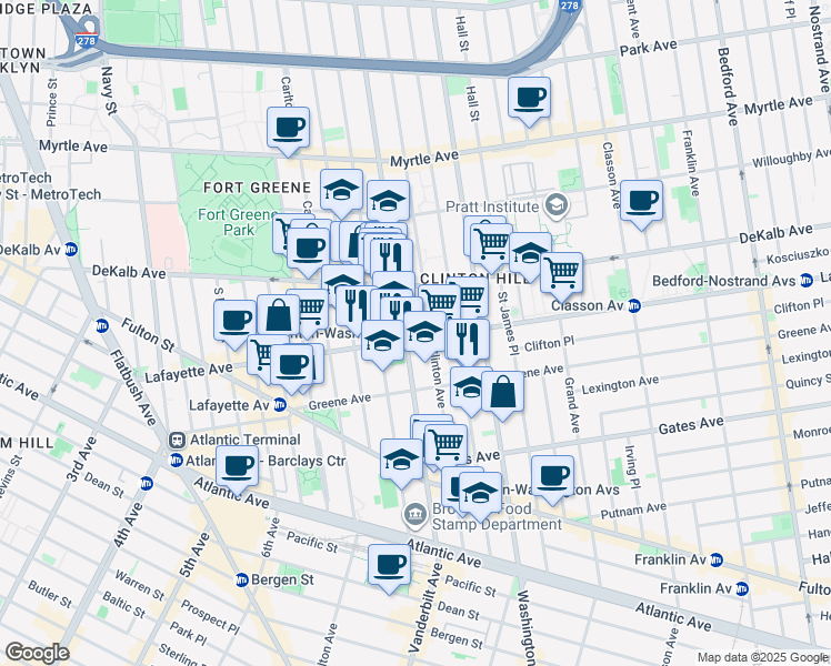 map of restaurants, bars, coffee shops, grocery stores, and more near 356 Clinton Avenue in Brooklyn