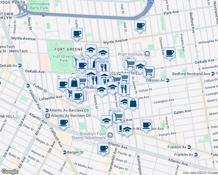 map of restaurants, bars, coffee shops, grocery stores, and more near 356 Clinton Avenue in Brooklyn