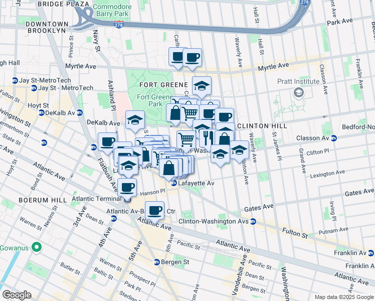 map of restaurants, bars, coffee shops, grocery stores, and more near 133 Lafayette Avenue in Brooklyn