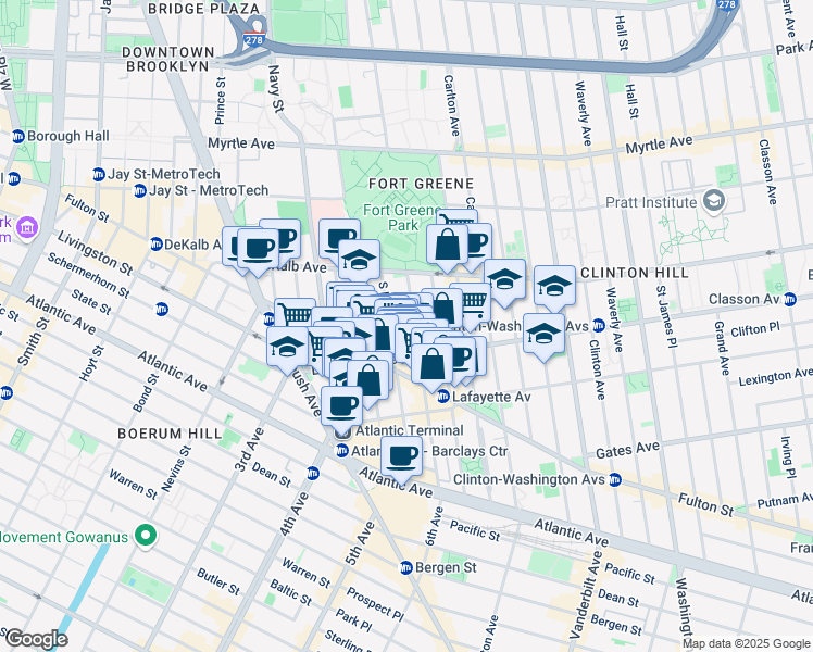 map of restaurants, bars, coffee shops, grocery stores, and more near 75 South Elliott Place in Brooklyn