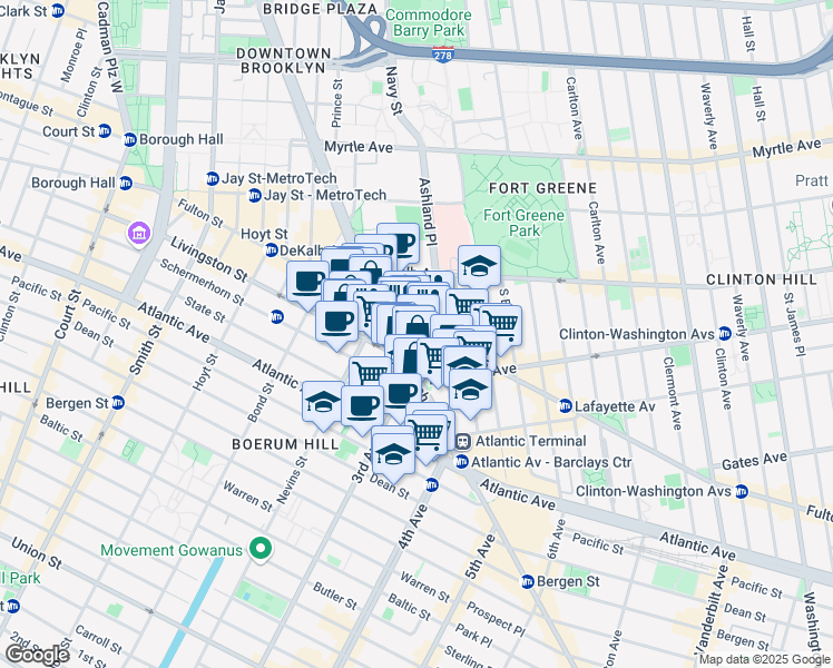 map of restaurants, bars, coffee shops, grocery stores, and more near 41 Flatbush Avenue in Brooklyn