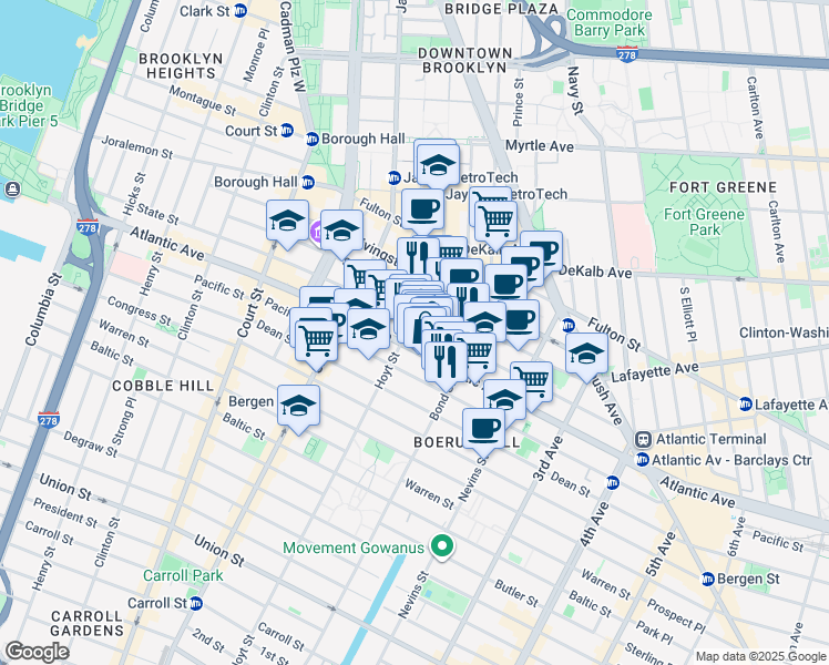 map of restaurants, bars, coffee shops, grocery stores, and more near 367 Atlantic Avenue in Brooklyn