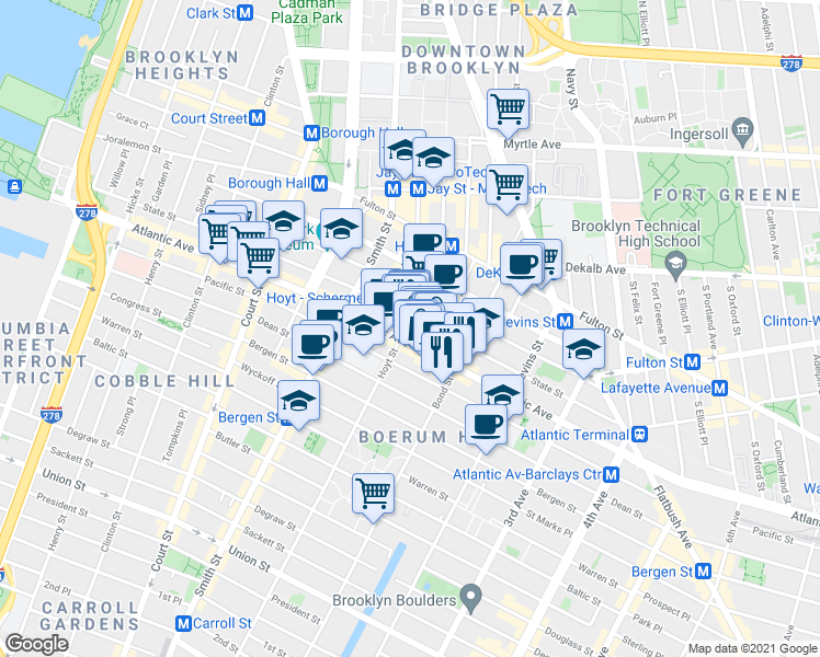 map of restaurants, bars, coffee shops, grocery stores, and more near 367 Atlantic Avenue in Brooklyn