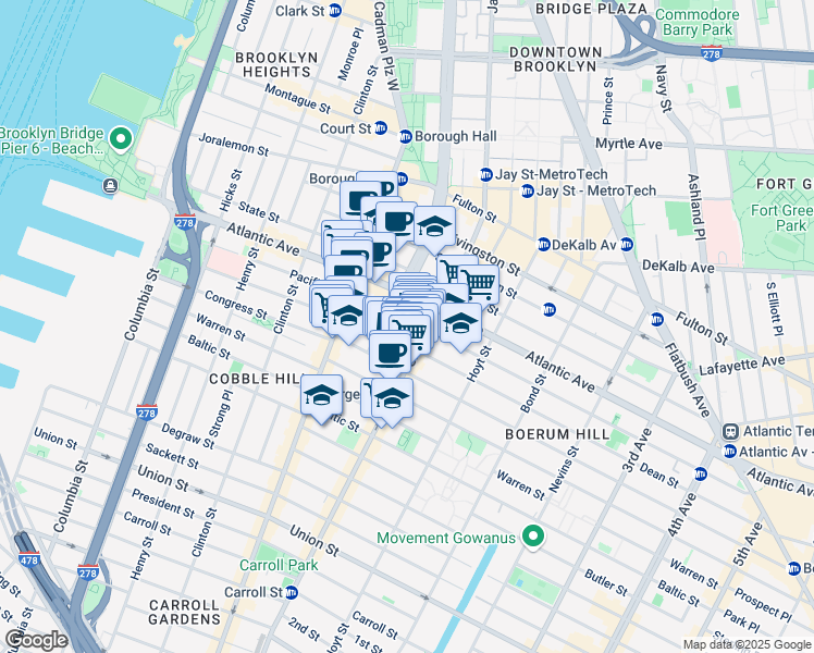 map of restaurants, bars, coffee shops, grocery stores, and more near 66 Dean Street in Brooklyn