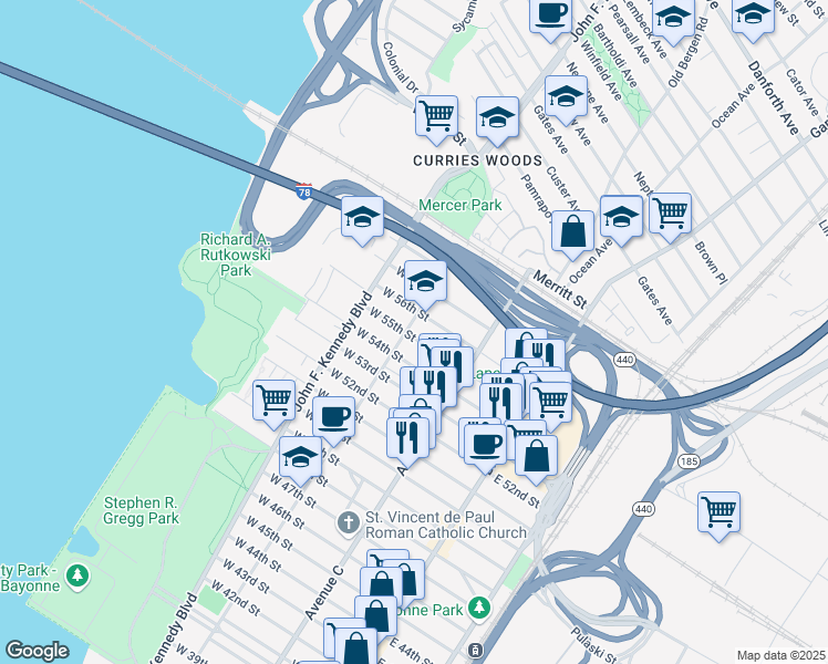 map of restaurants, bars, coffee shops, grocery stores, and more near 300 Avenue B in Bayonne