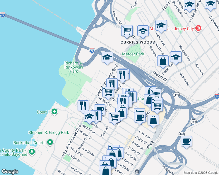 map of restaurants, bars, coffee shops, grocery stores, and more near 127 West 53rd Street in Bayonne