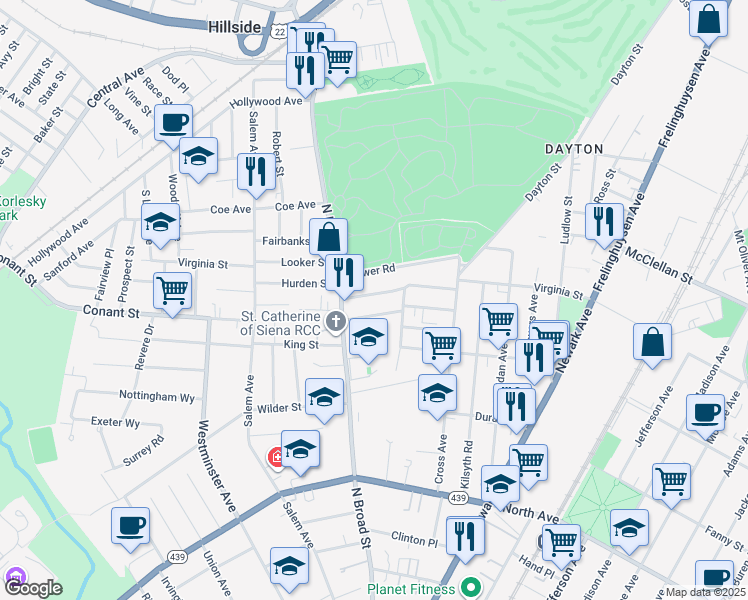 map of restaurants, bars, coffee shops, grocery stores, and more near 1441 Concord Place in Elizabeth