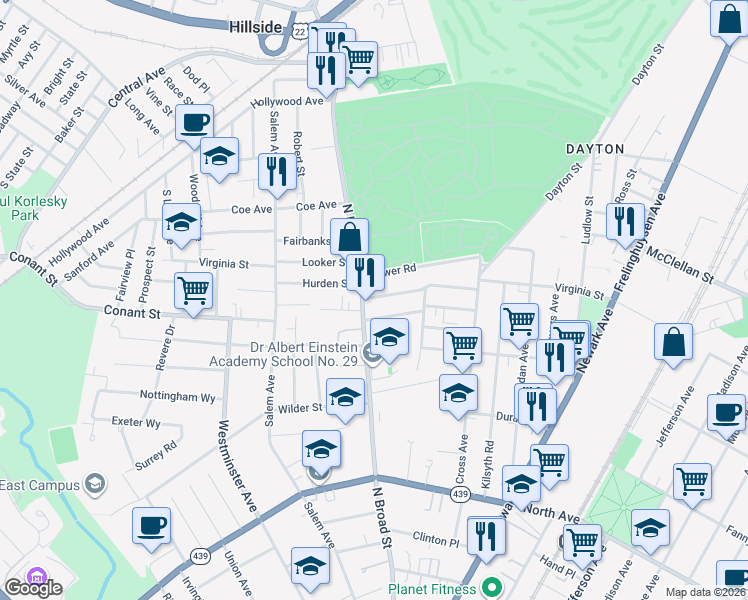 map of restaurants, bars, coffee shops, grocery stores, and more near 1441 Concord Place in Elizabeth