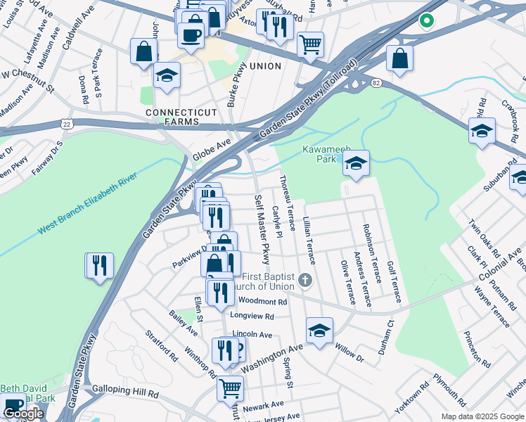 map of restaurants, bars, coffee shops, grocery stores, and more near 651 Self Master Parkway in Union