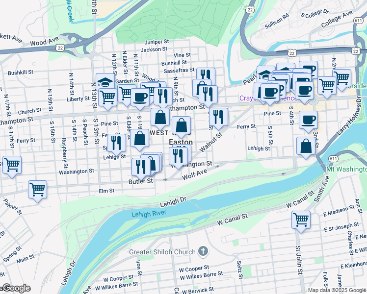 map of restaurants, bars, coffee shops, grocery stores, and more near 900 Washington Street in Easton
