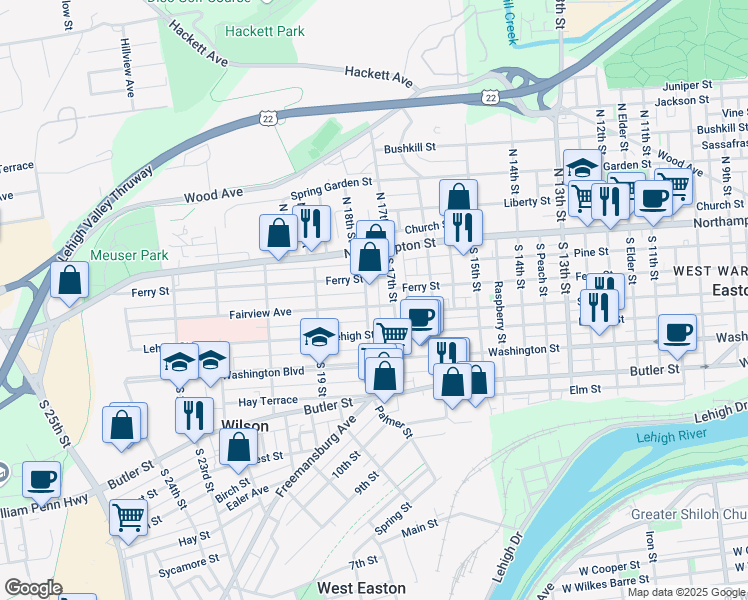 map of restaurants, bars, coffee shops, grocery stores, and more near 1810 Fairview Avenue in Easton