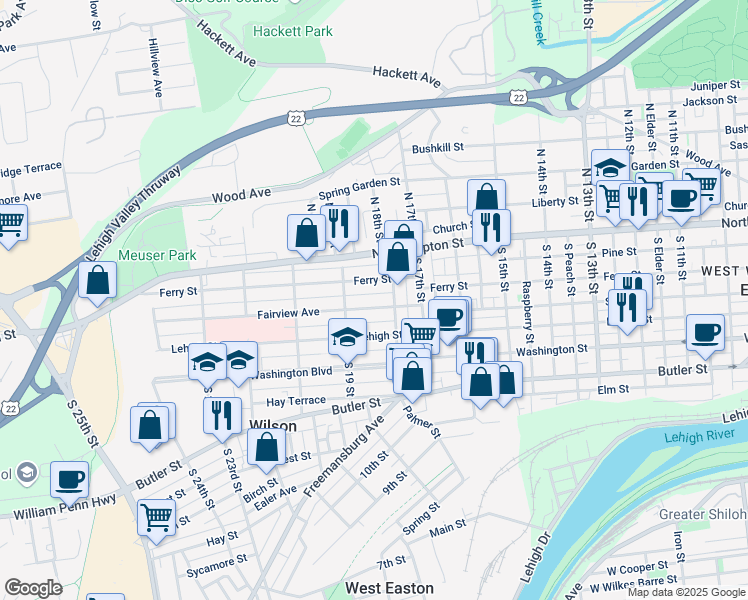 map of restaurants, bars, coffee shops, grocery stores, and more near 1810 Fairview Avenue in Easton