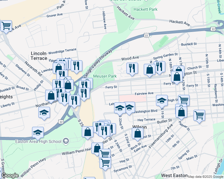 map of restaurants, bars, coffee shops, grocery stores, and more near 2237 Fairview Avenue in Easton