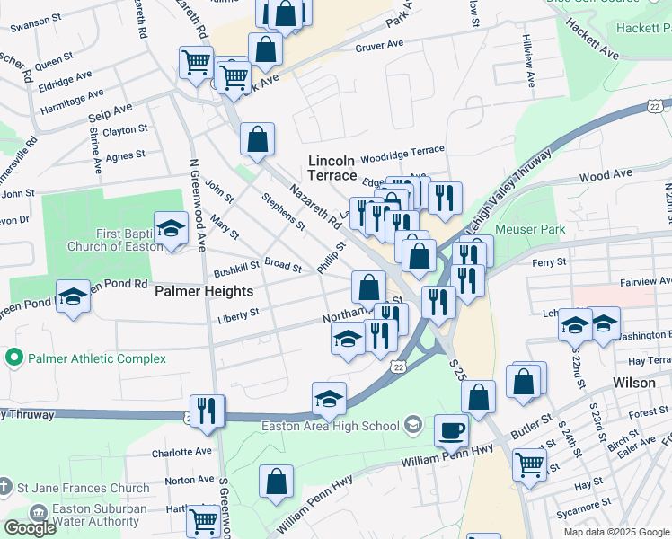 map of restaurants, bars, coffee shops, grocery stores, and more near 2585 Liberty Street in Easton