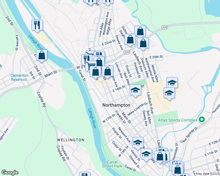 map of restaurants, bars, coffee shops, grocery stores, and more near 1819 Main Street in Bethlehem