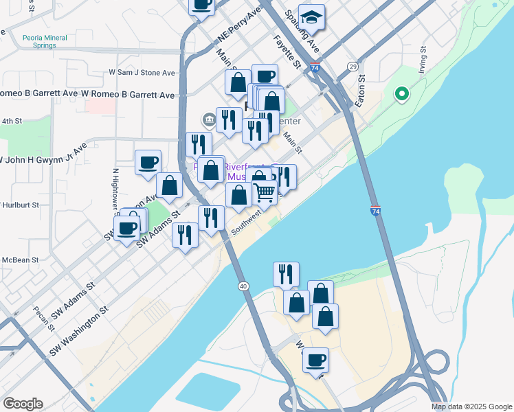 map of restaurants, bars, coffee shops, grocery stores, and more near 300 Southwest Water Street in Peoria