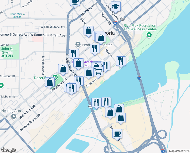 map of restaurants, bars, coffee shops, grocery stores, and more near 300 Southwest Water Street in Peoria