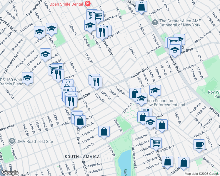 map of restaurants, bars, coffee shops, grocery stores, and more near 114-22 159th Street in Queens