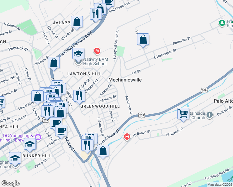 map of restaurants, bars, coffee shops, grocery stores, and more near 630 Greenwood Avenue in Pottsville