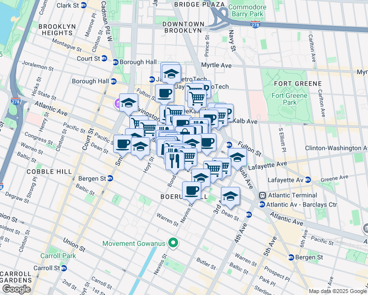 map of restaurants, bars, coffee shops, grocery stores, and more near 250 Schermerhorn Street in Brooklyn